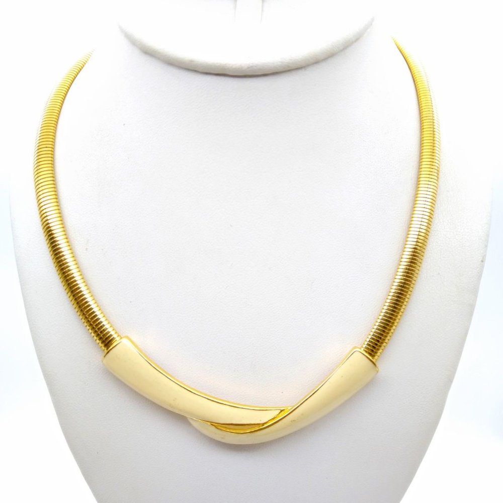Neutral Chic Trifari Omega Necklace, Vintage Gold Tone Choker with Beige Enamel